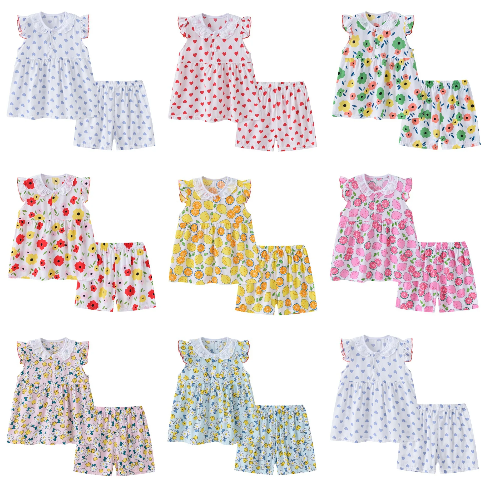 

New Summer Children's Pyjamas Thin Baby Leisurewear Printed Lace Suit