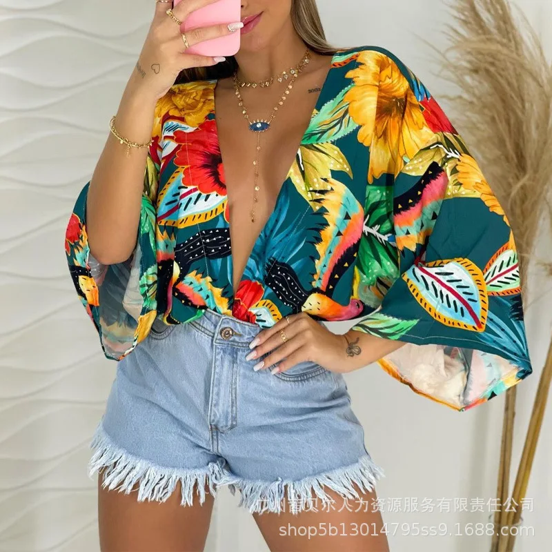

Women's Flower Colored Printed Top 2024 Summer Casual Women Clothing Temperament Women Top Spring Summer Elegant Slim Blouse