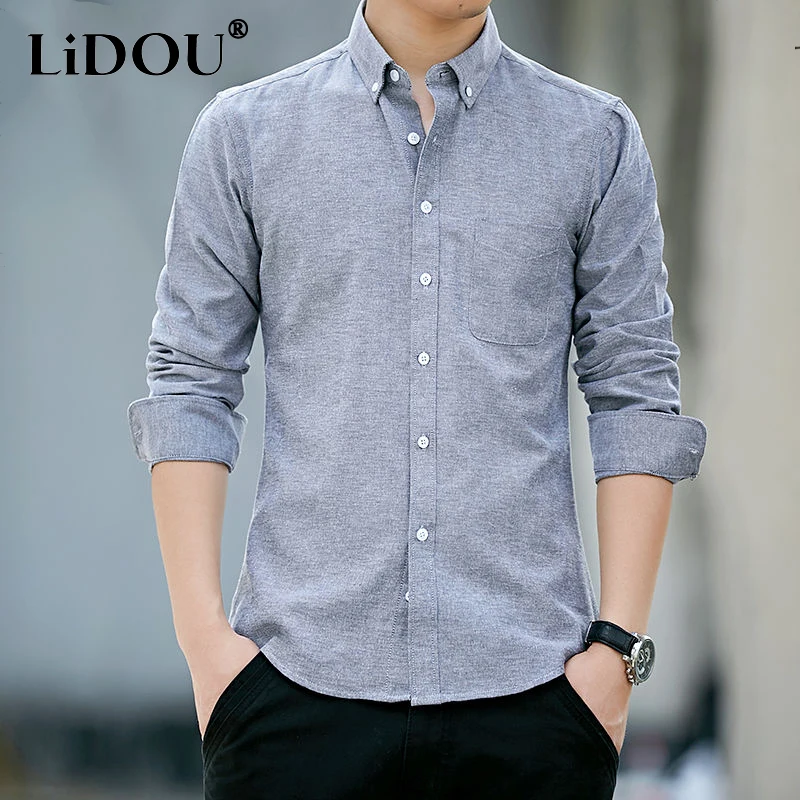Spring Autumn Solid Color Fashion Casual Blouse Man Long Sleeve Loose All Match Shirt Korean Style Tops Button Chic Male Clothes