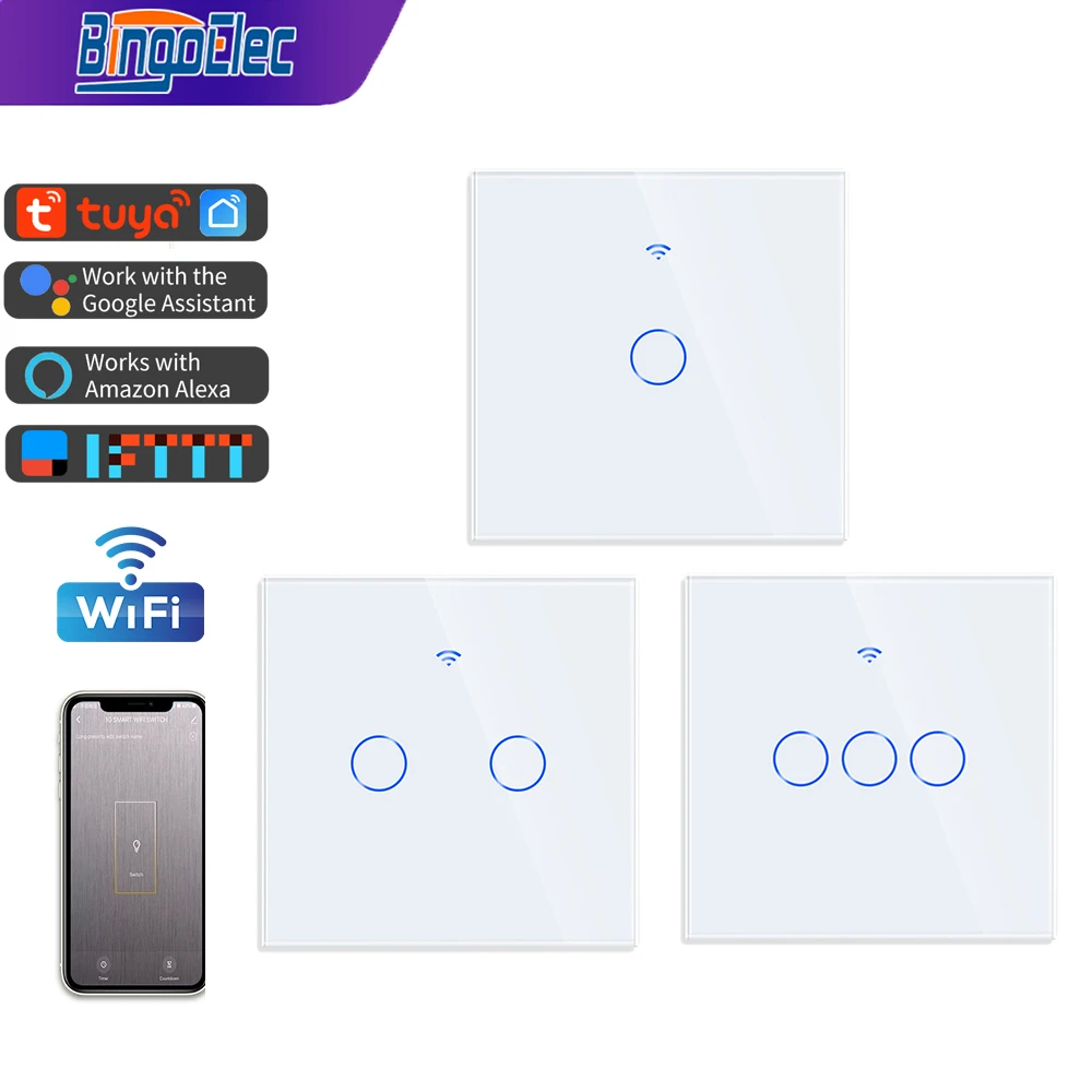 Bingoelec TUYA WiFi Smart Touch Switch 1/2/3/4 Gang Light Wall Wireless Remote Switches Smart Home Works With Smart Life  Alexa