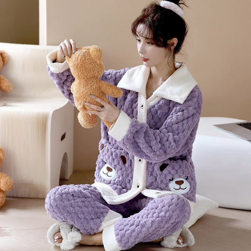 

Новинка 2023, Фланелевая пижама, женские плюшевые милые Мультяшные медведи, осень и зима, коралловые домашние меховые теплые брюки с длинным рукавом, утепленные