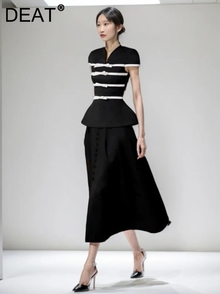 

DEAT Women's Fashion 2 Pcs Set V-neck Bow Contrast Color Short Sleeve Line Waist Tops Loose Skirt Suit Spring 2024 New 13DB3100