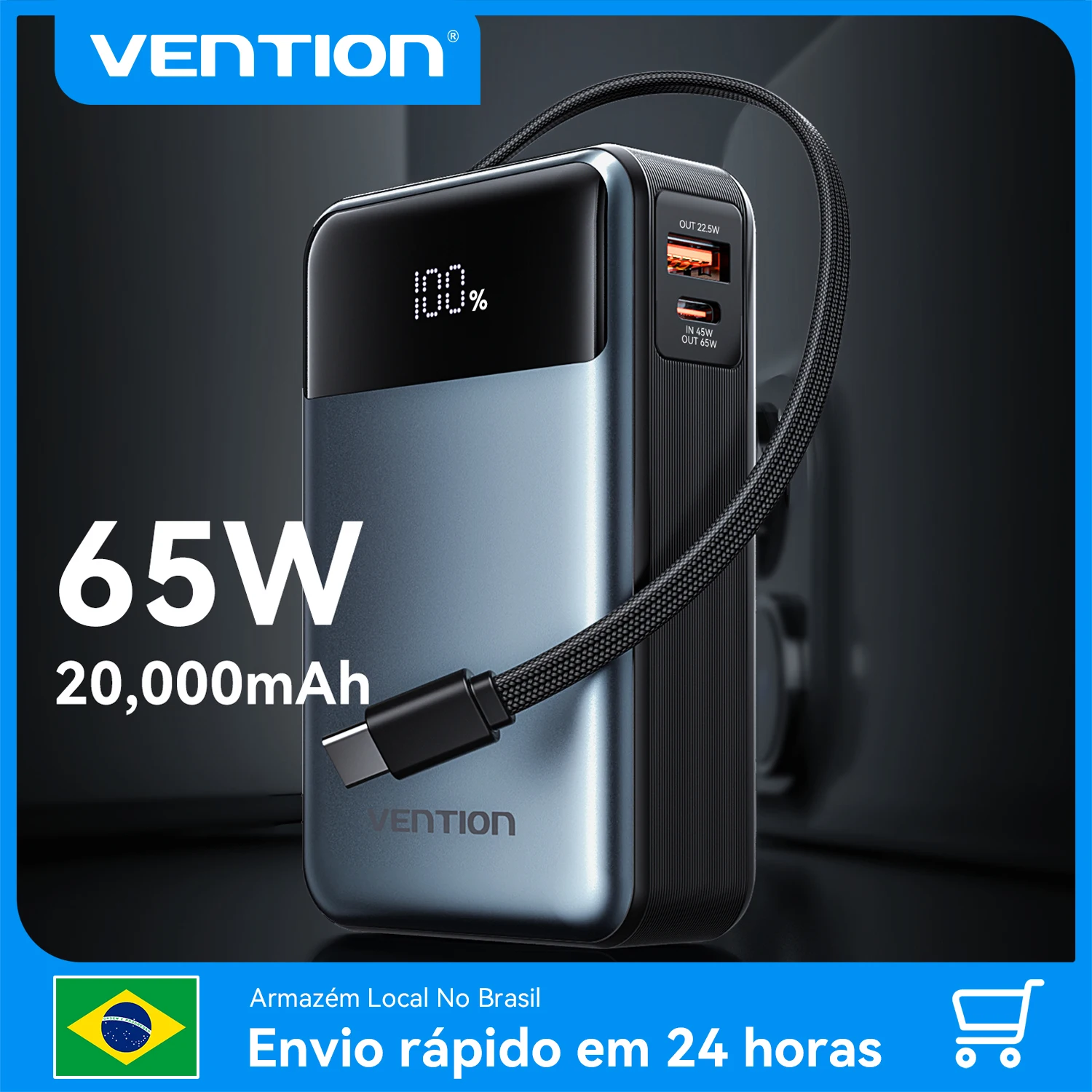 Vention BR 20000mAh PD 65W Power Bank para laptops Xiaomi portátil de carregamento rápido com cabo USB tipo C embutido para iPhone 17 16