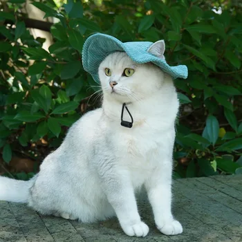 조정 가능한 고양이 모자, 애완 동물 피셔 모자, 귀 구멍이 있는 개 태양 모자, 바이저 태양 그루밍 코스프레, 캠핑 고양이 용품, 개 액세서리