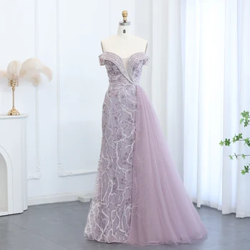 Elegant Off Shoulder Mermaid Lilac Evening Dress with Overskirt 2024 Plus Size Women Blue Wedding Party Gown 055 1