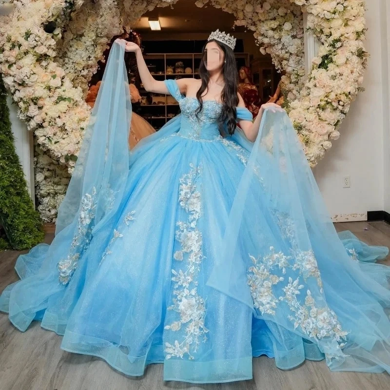 

Ashely Alsa Baby Blue Princess Quinceanera Dresses 2024 Floral Applique Crystal Birthday Party Gown Sweet 16 Dress Vestido 14 15