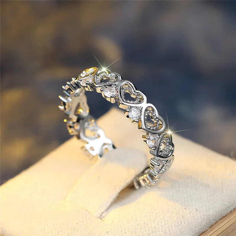 Cute Female White Round Zircon Stone Heart Ring Silver Color Summer Wedding Jewelry For Women