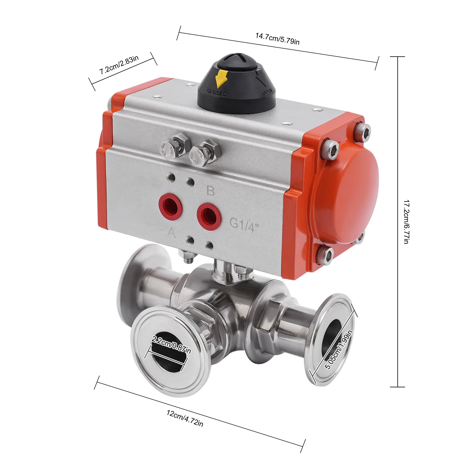 3-Way Pneumatic Ball Valve Sanitary Tri-Clamp Stainless Ball Valve 1"/1.5"/2"