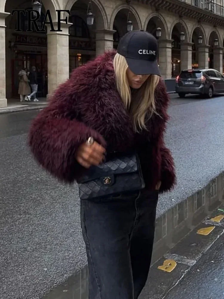 

TRAF Women Oversize Plush Jacket 2024 Faux Wool Coats for Women Long Sleeve Warm Women Coats Fashion Streetwear Outerwear