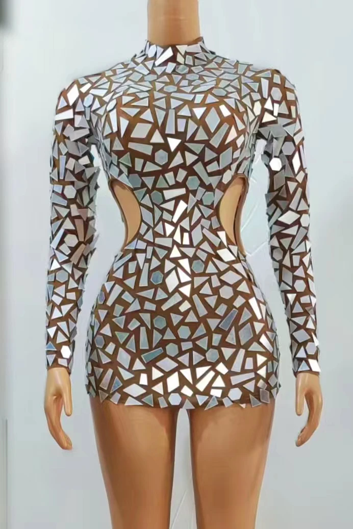 

Leaky Mirror Nightclub Female Singer Model Hollow Out Lens Rhinestone Sexy One Piece Slim Short Hip Wrap Dress Performance