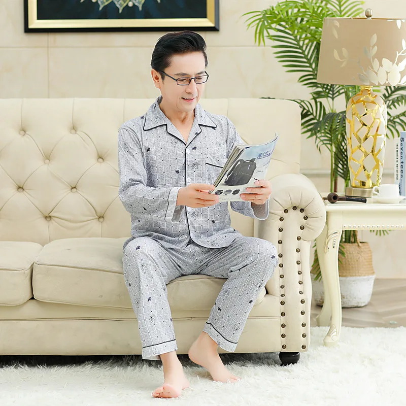 Autumn Winter Men's Knitted Cotton Pajamas Lapel Long Sleeve Cardigan Large Size Loose Printed Home Clothing Set
