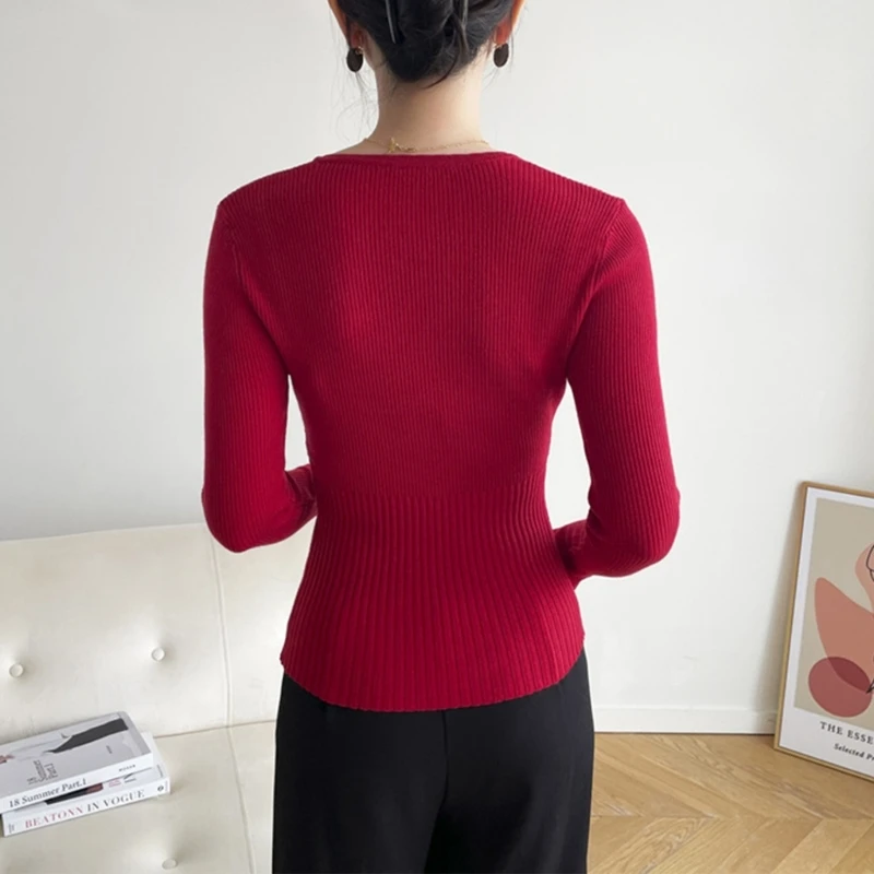 

Women Half Button V Neck Pullover Tops Solid Color Long Sleeve Knitted Sweaters