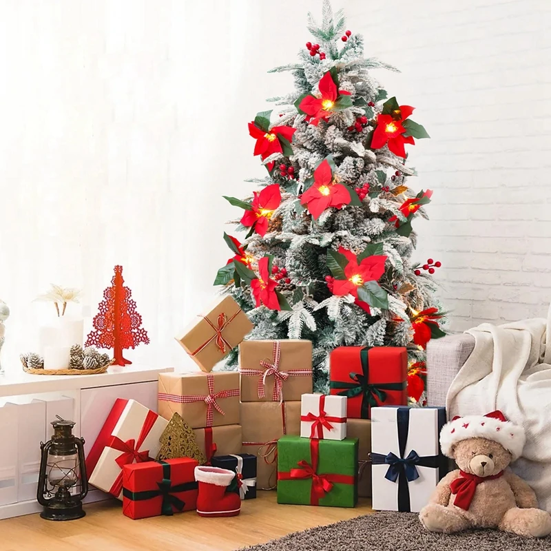 2M10LED Weihnachtsgirlande Beleuchtungsschnüre Künstliche rote Blumen Stechpalmenblätter für Zuhause 2024 Weihnachtsschmuck Neujahrsgeschenke 2025_voghion.com
