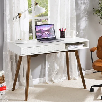 Modern Home Office Writing Desk / Dresser Table, 42 Inch Computer Table Desk with Drawers, Simple Mid Century Modern Desk
