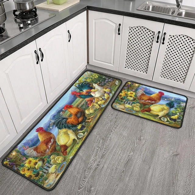 1pc Polyester Kitchen Rug, Modern Hen Pattern Kitchen Mat For