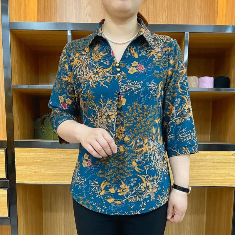 

Elegant Vintage Women Casual T-Shirt Spring Summer Basic Loose Versatile Fashion Big Size 3/4 Sleeve Casual Pulover Floral Tops