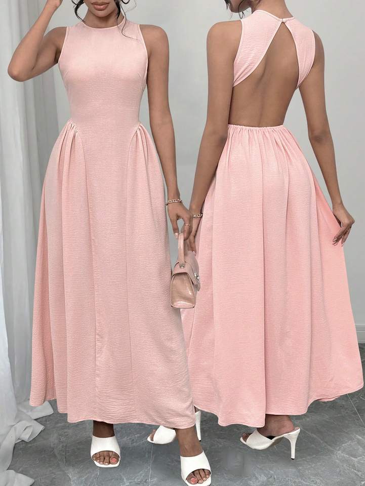 Elegant slim sleeveless round neck backless decorative mushroom button woven wrinkled pink summer women's long dress