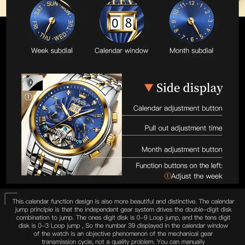 OLEVS 9910 Tourbillon Men Automatic Watch Original Waterproof Luminous Calendar Watch Skeleton Brand Luxury Men Mechanical Watch 4