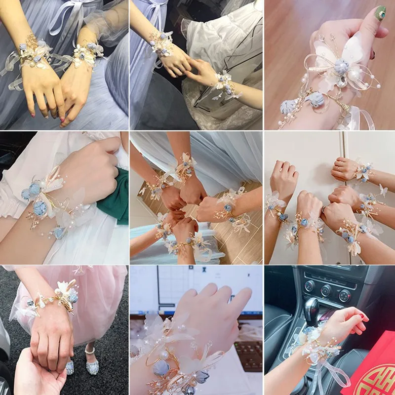 Fashion Pearl Wrist Flower For Girls Bridesmaid Wedding Lace-up Hand Flower Bridal Prom Accessories Dancing Party Decor ML pearl wrist flower
