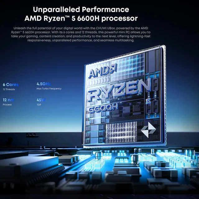 CHUWI UBox Mini PC AMD Ryzen 5 6600H 16 GB DDR5 512 GB SSD Windows 11 Pro 4K 144 Hz Decorazione WiFi 6 BT 5.2 Estendi M.2 1T*2 650 g 128*130,5*57(H) mm 3