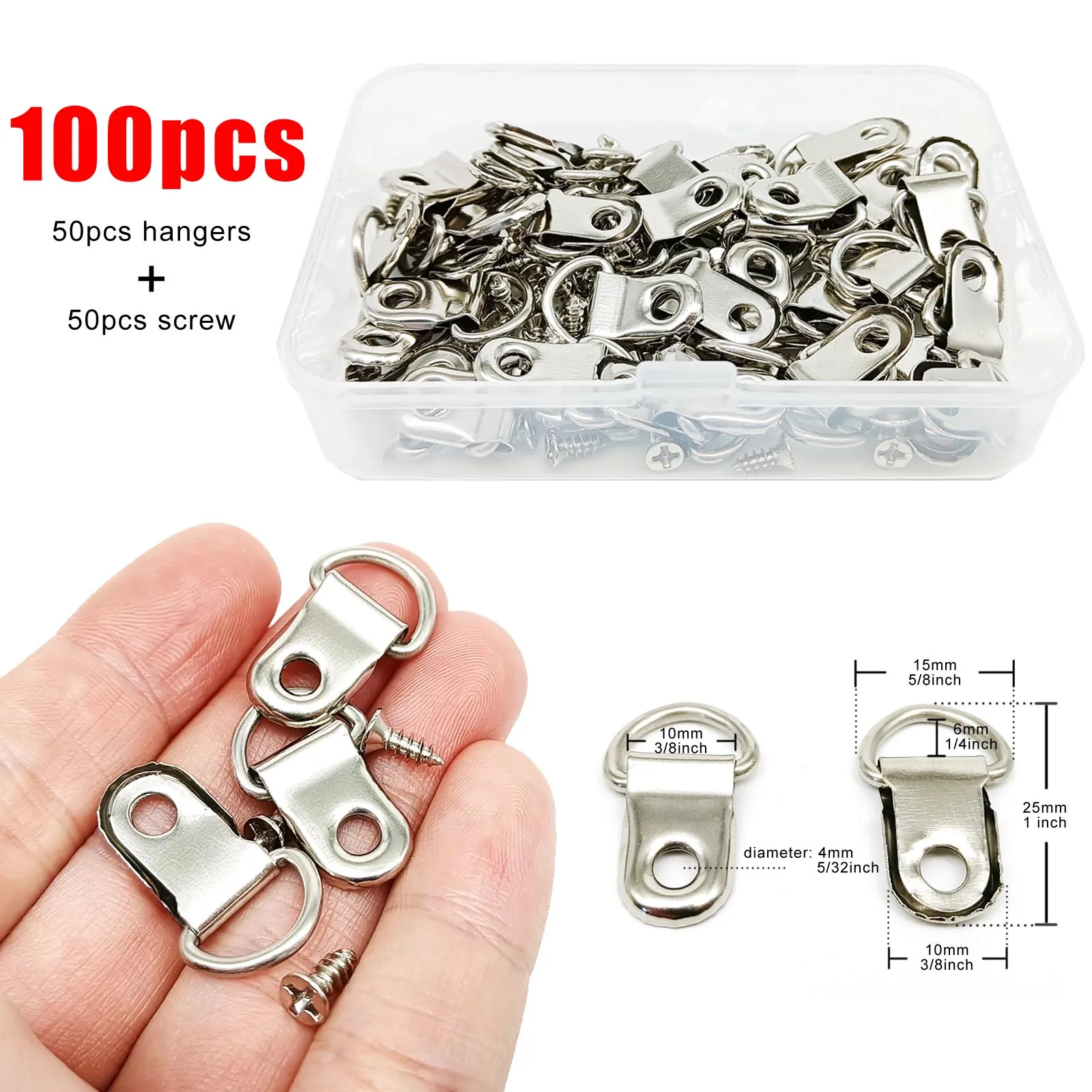Picture Frame Hangers 100pcs/box Hooks for Oil Painting Photo Mirror Wall Triangle D-Ring 50pcs Hangers + 50pcs Screws 15x25mm