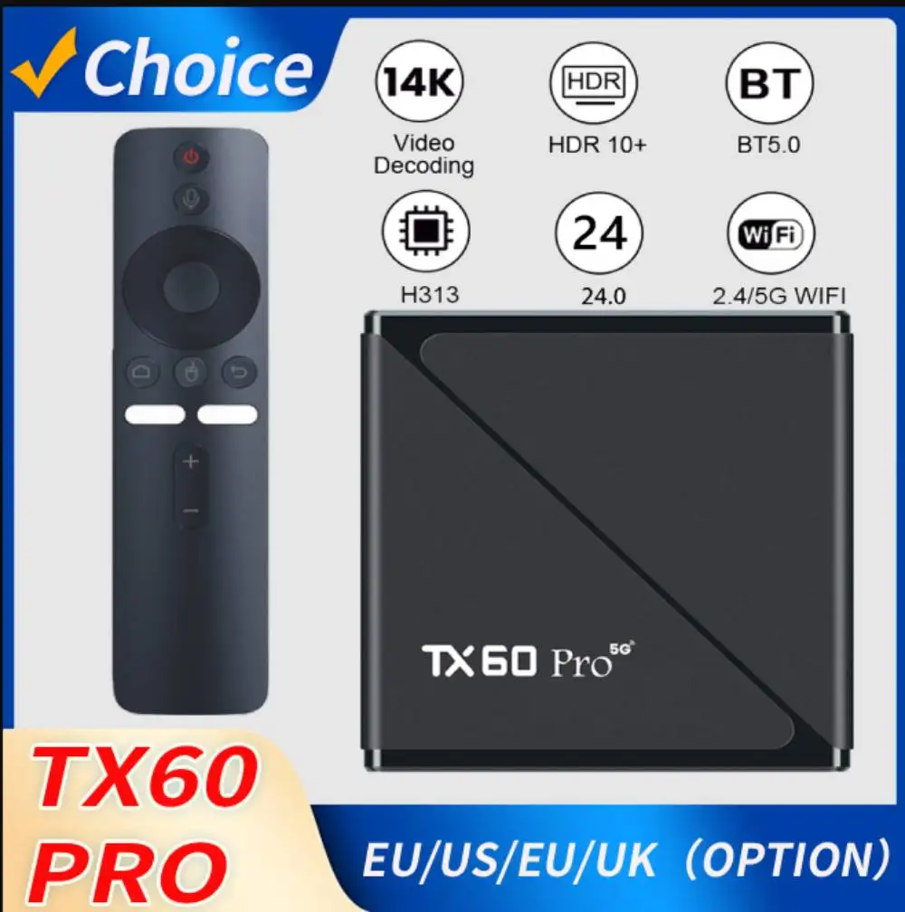 TX60 PRO Smart TV Box Allwinner H313 Quad Core AU/US/EU/UK 14K 2.4G/5G Dual WiFi Voice Remote Control For Android 10 Set Top Box