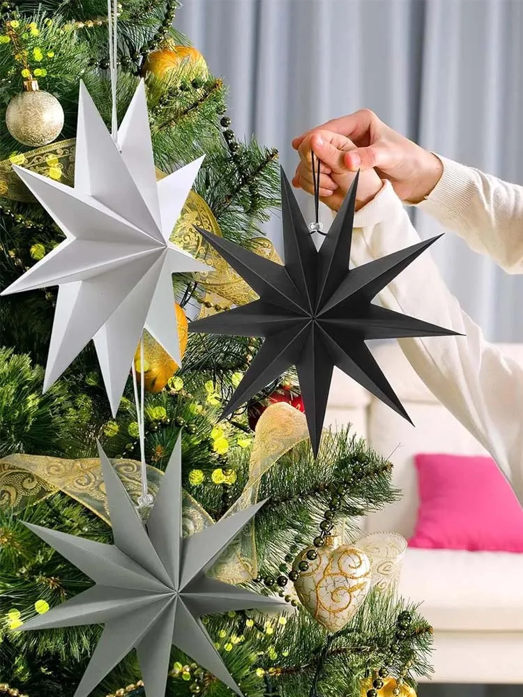 Description Picture 5 of item1Pc Black White Gray Paper Lanterns Hanging Star Lampshade Christmas Nine-Pointed Star Origami Lanterns Household Decorations