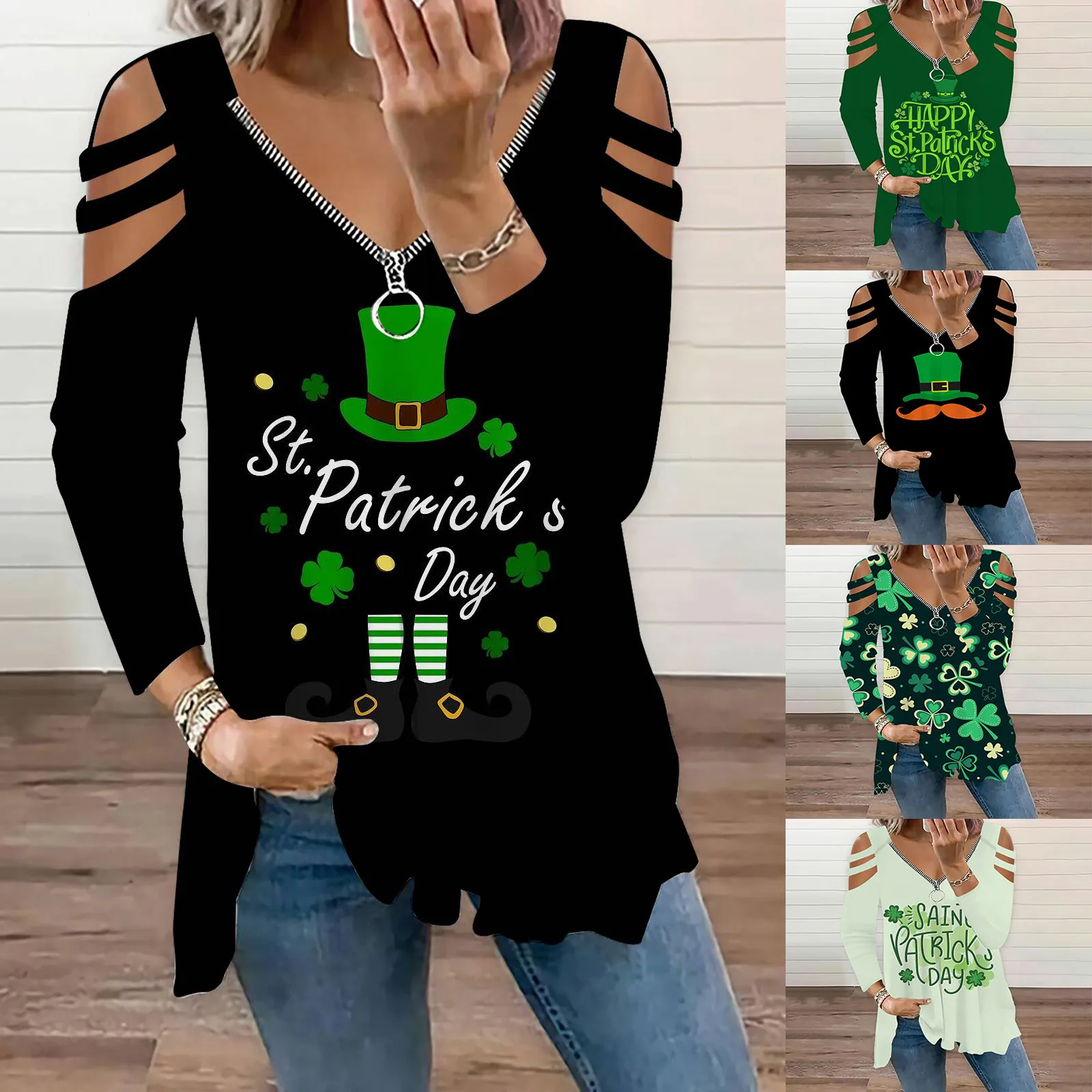 

St. Patrick's Day Loose Tunic For Womens Casual Summer Tops Floral Three Quarter Sleeve Graphic Green Carnival Festival