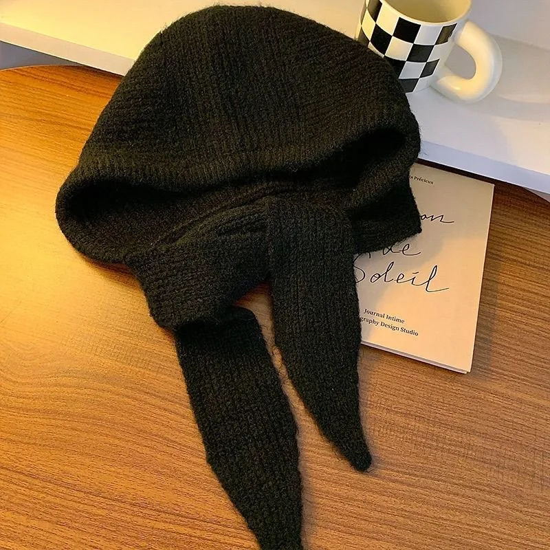 Korean Hats Scarf Set with Botton Scarf Balaclava Hat Warm Neck Set Women Knitted Wool Pullover Hat Gothic Y2k Winter