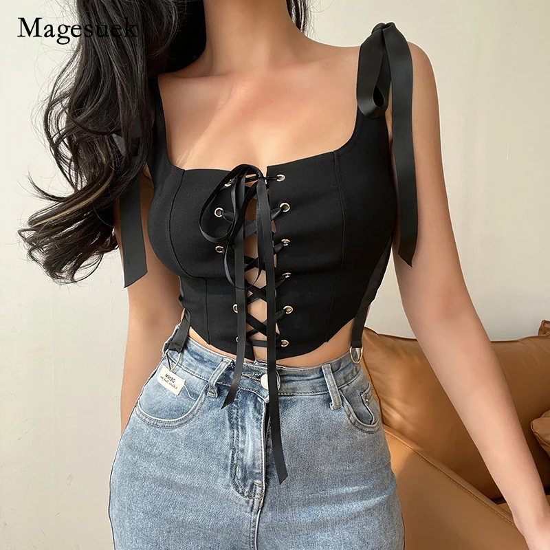 

2022 Summer Women's Bandage Stitching Tops Bow Black Sexy Camisole Slim Vest Women Clothes Blusas Sleeveless Tops Female 19697