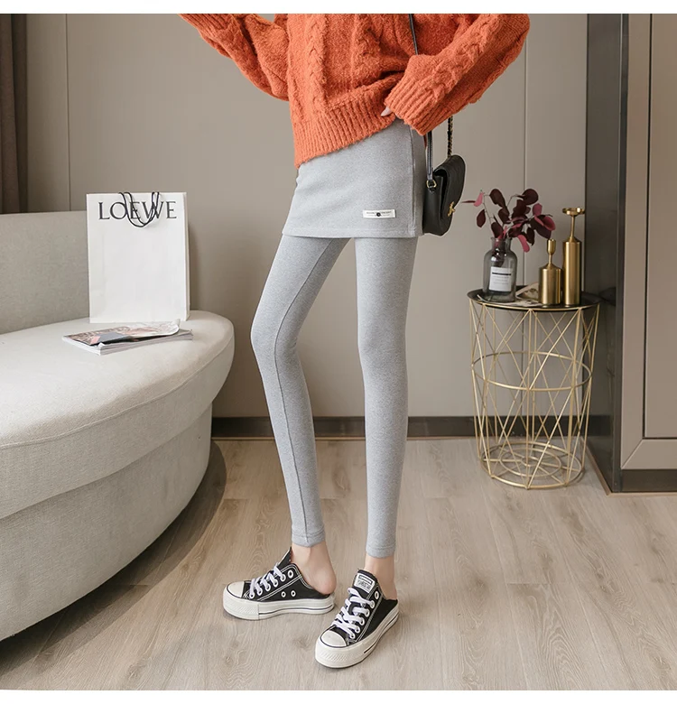 faux leather leggings Spring and autumn thin leggings with skirts fake two large size women's clothing to increase fat women's small culottes to wear white leggings