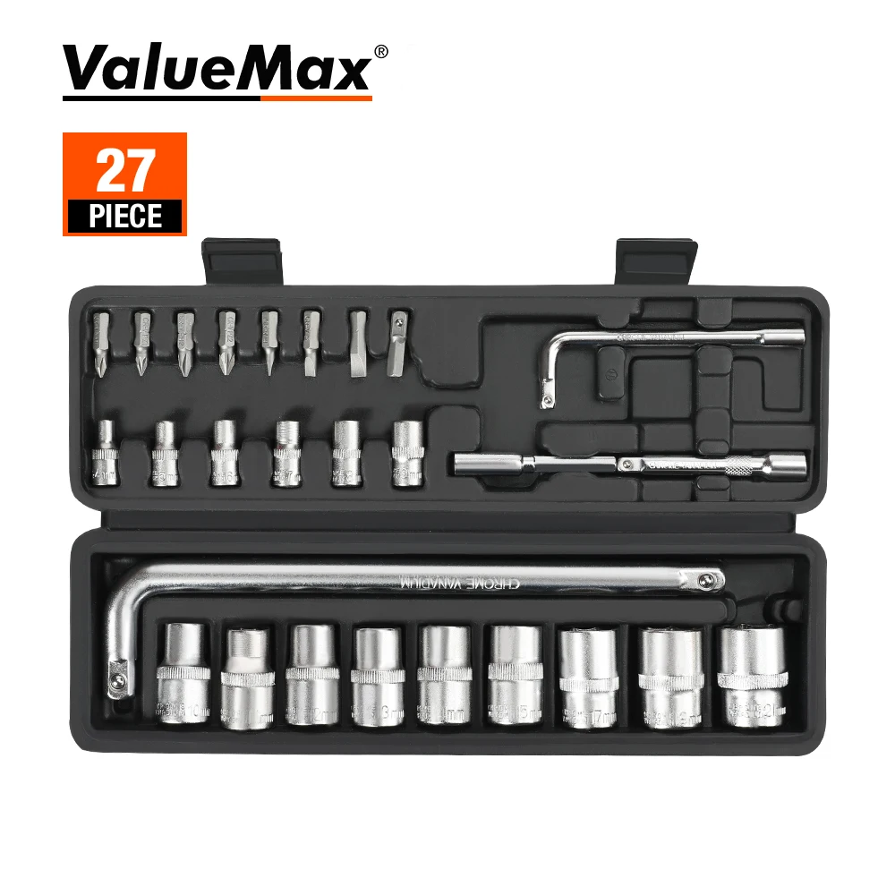 VALUEMAX-Mechanics Tool Set, Wrench Socket Set, Torque, Quick Wrench, Hand Kit, Auto Car Bike Repair, Repairing Tool, 27 Pcs