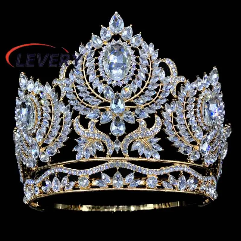 Levery 2024 New Bride Crown Big  Beauty Pageant Crown for Queens Baroque  Gold Plate Crown