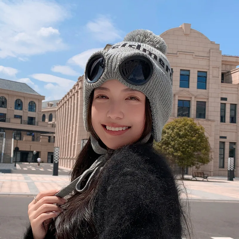Winter Hat With Glasses Set Head Hat Women Outdoor Cold Protection Warm Ear Protection Hairball Knitted Woolen Skiing Sports