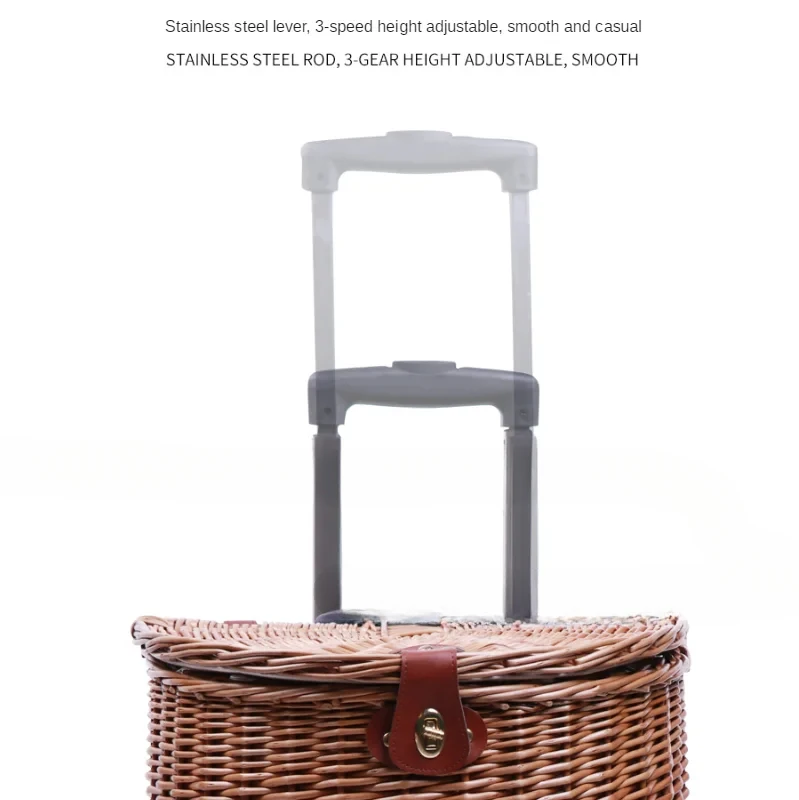 Rattan Weaving Picnic Basket Trolley cart Multifunctional Wheeled Storage Basket with Lid Hand Basket Outdoor Picnic Props 4