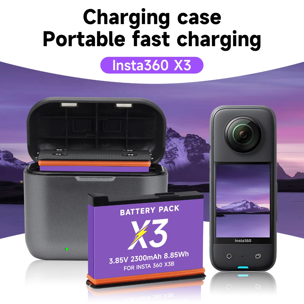 Caméra action 360° 4K Ultra HD – Lot 3 Batteries pour Sport Extrême attachée à un casque de ski avec vue sur les pistes enneigées