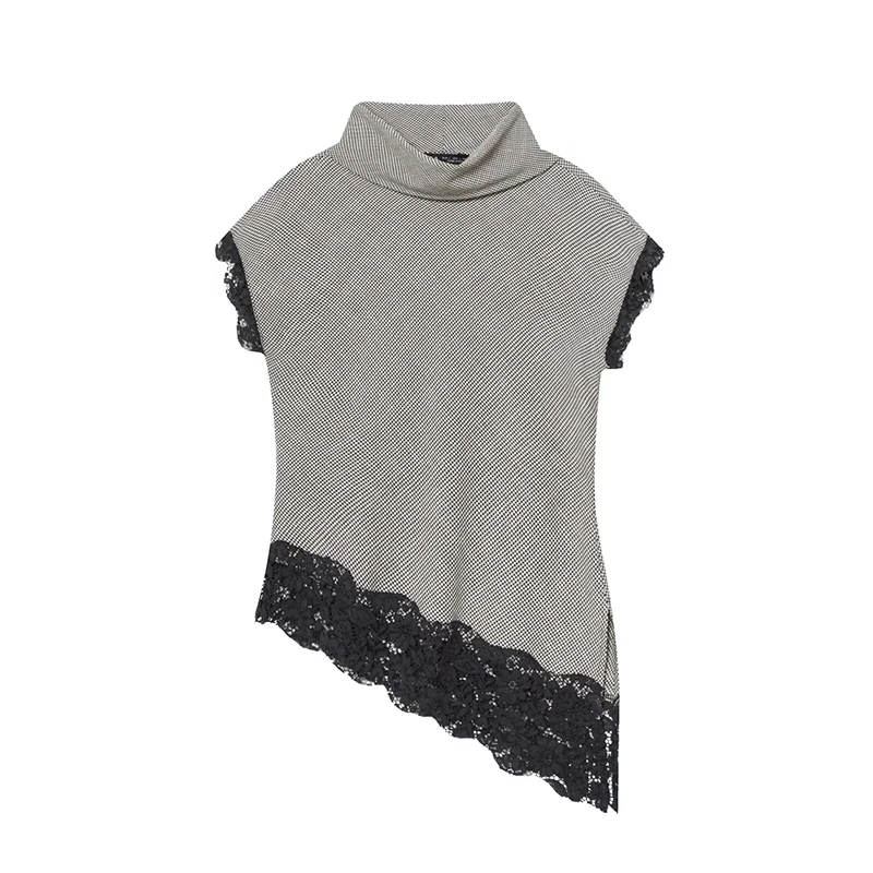 Stand Collar Corset Top Women Houndstooth Sleeveless Lace Splicing Vest Tops 2025 New Summer Lady Street Casual Short Tops ﻿