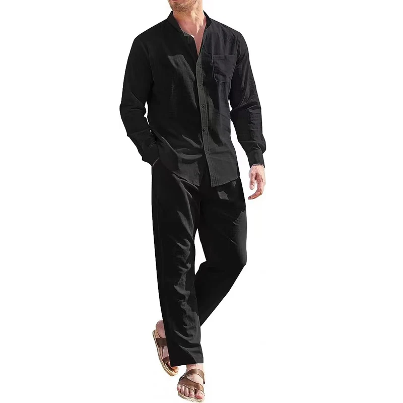 Fashion Men Casual Sports Suit Linen Breathable Solid Color V-neck Long Sleeve Shirt And Trousers Two-piece Set For Male Outfits