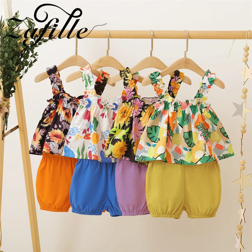 

ZAFILLE Summer Kids Girls Clothing Suspenders Top+Solid Shorts Casual Toddler Baby Outfts Children Tracksuit Cute Girls Clothes