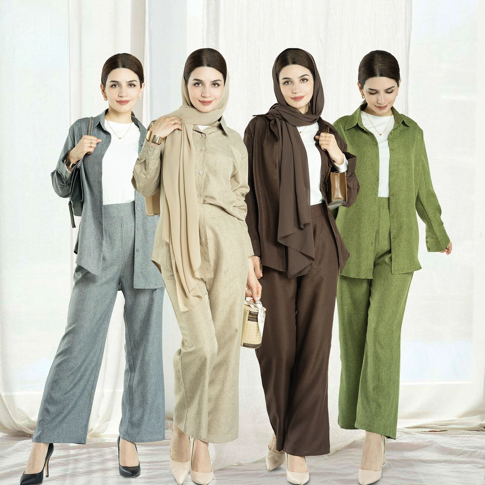 

2023 Dubai Casual Solid Color Muslim Set Middle East Tops for Muslim Women Pants Two Piece Sets Turkey Fashion Clothes