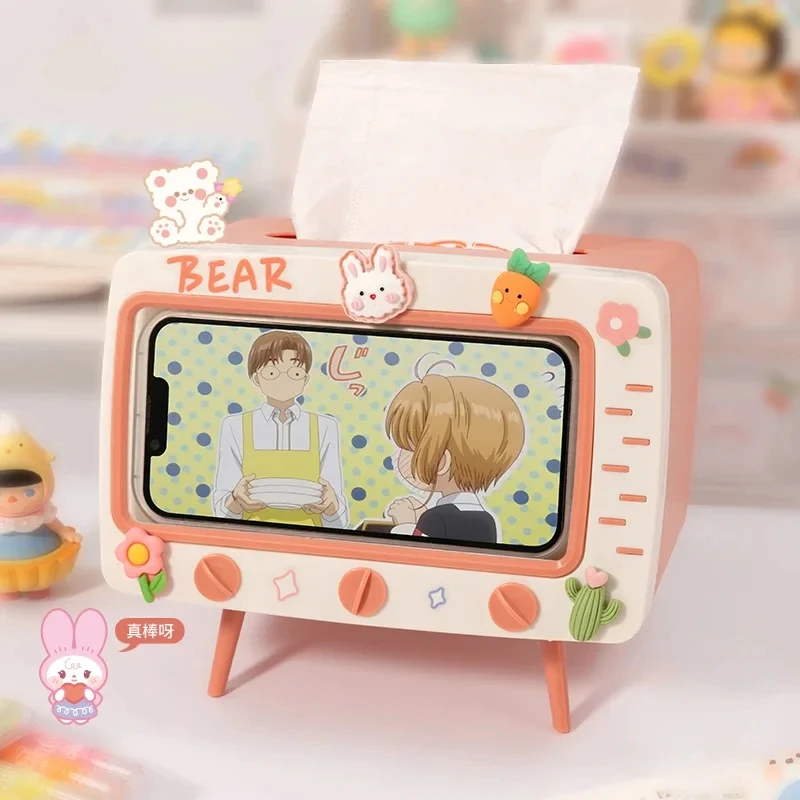 Cute Multifunction Tissue Box Holder Square for Home Kawaii Desktop Decor Tv Tissue Box Case Pink Phone Holder Storage Organizer 2