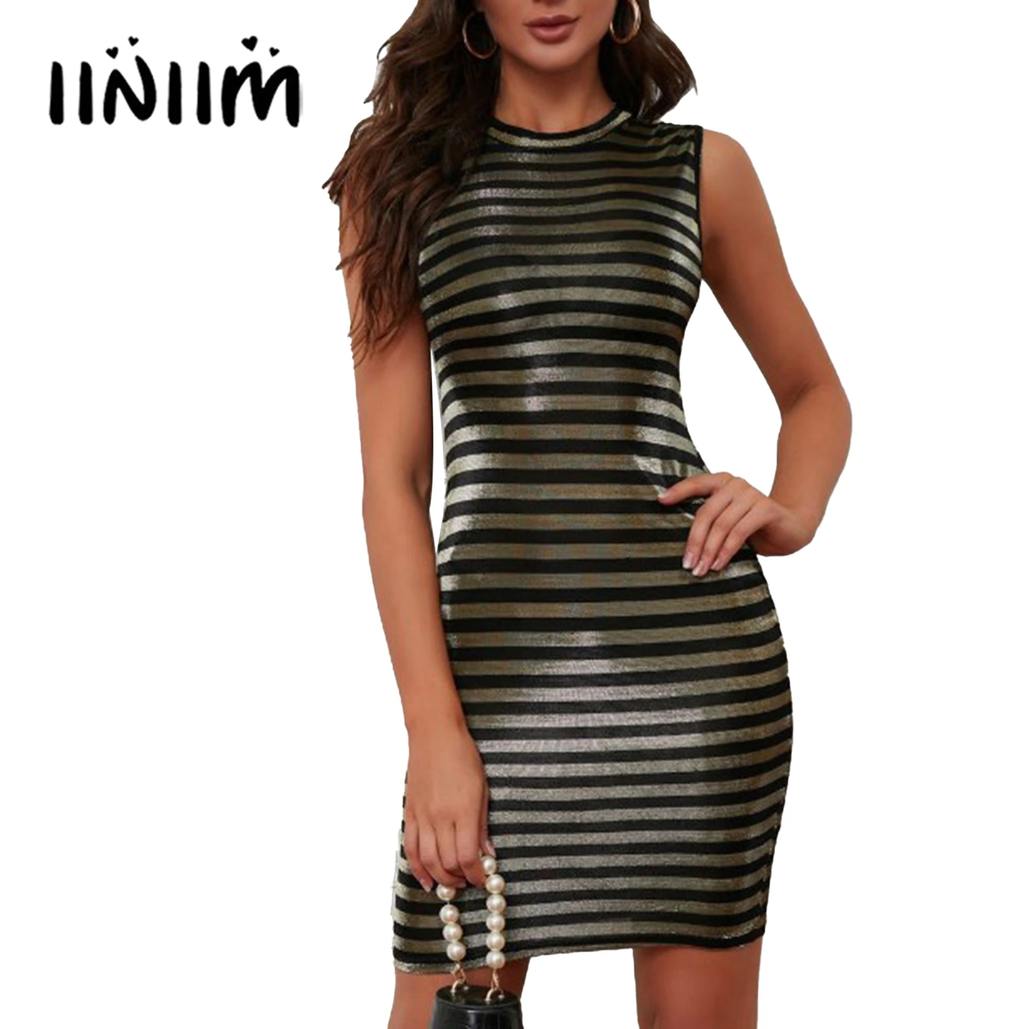 Frauen Glänzende Gestreiften Bodycon Kleid Stretchy Sommer Kleid Festival  Kleidung Crew Neck Sleeveless Cocktail Party Kleider Clubwear|Dresses| -  AliExpress