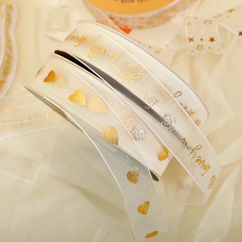 

Lover Gift Letter Printed Ribbon Gold Chiffon Ribbon For Happy Birthday Handmade Accessories Bouquet Cake Wrapping Decoration