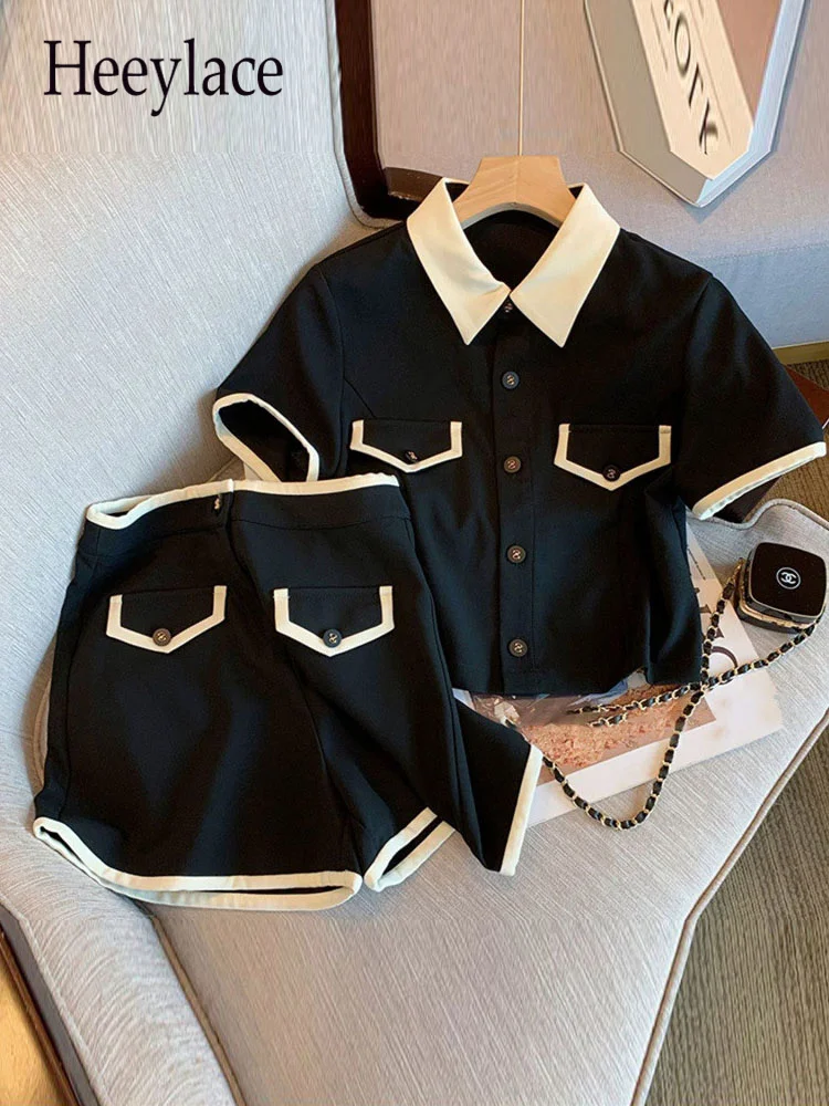 

Women Summer French Vintage Shorts Sets Korean Casual Turn-down Collar Short Sleeve Tops And Shorts Harajuku Two Pieces Sets