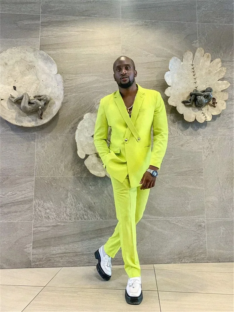 New Design Fashion Bright Yellow Men Suit Prom Party Slim Fit Blazers Hombre High Quality Custom 2 Piece Set Jacket Pant Costume