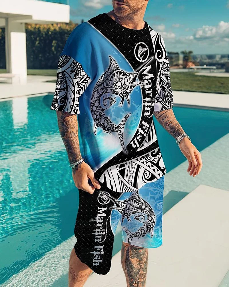 Summer Men's Tracksuit 3D Fish Print T-shirt+Shorts 2 Pieces Casual Men Sweatsuit Set Outfits Sports Jogging Suit Male Clothing fashion men s sets summer short sleeve t shirt suit 2pcs streetwear 3d print sports shorts oversized tracksuit male clothes 6xl