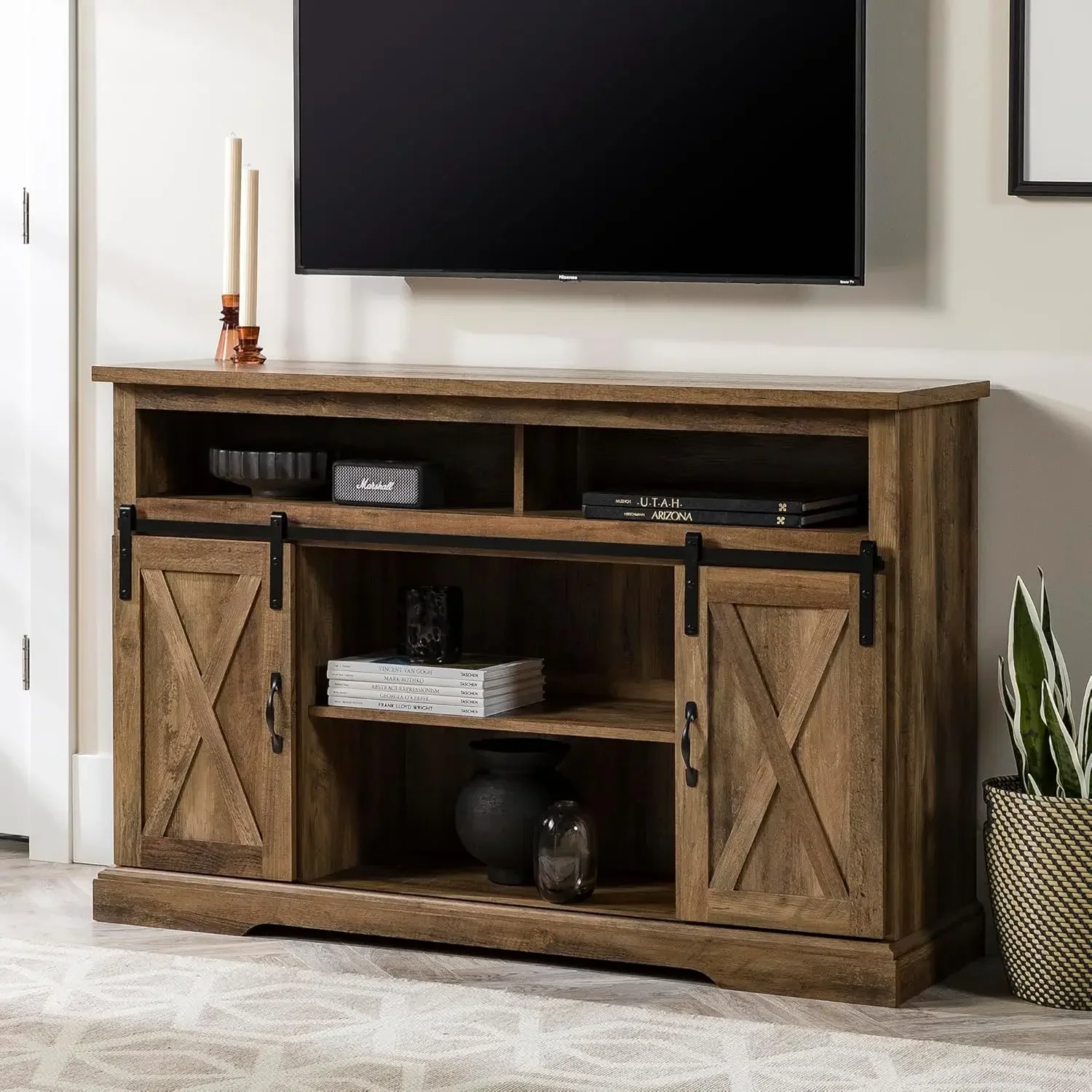 NEW-Clayton Farmhouse Sliding Double Barn Door TV Stand for TVs up to 58 Inches, 52 Inch, Rustic Oak