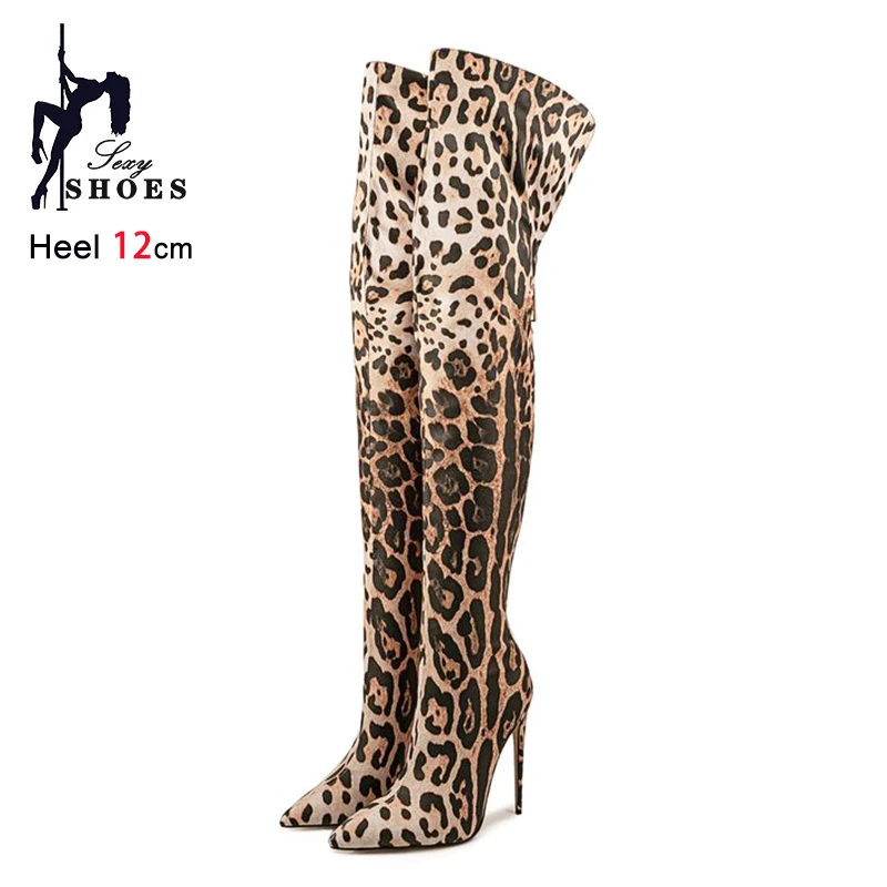12CM Stiletto Heels Sexy Leopard print Women Pointed Toe Thigh High Boots Plus Size 46 47 Over-the-Knee Long Boots Female Shoes