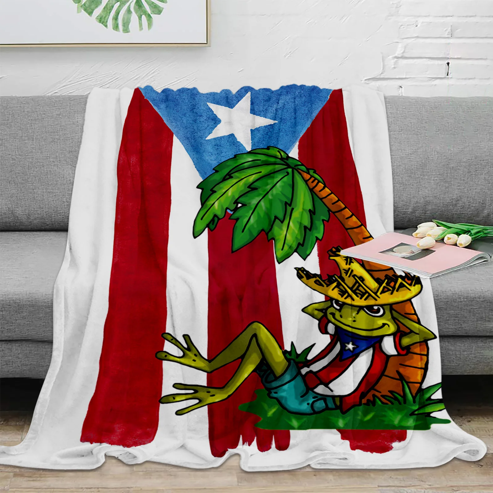 Puerto Rico Flag Frog Palm Tree Throw Blanket Warm Plush Blankets