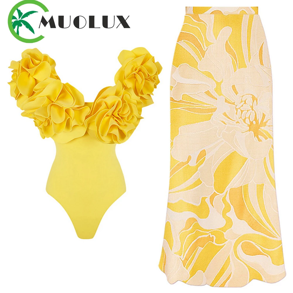 

MUOLUX 2024 Sexy 3D Flower Bikinis Set One Piece Swimwear Women Print Biquini Skirt Off Shoulder Brazilian Bathing Suit Dress